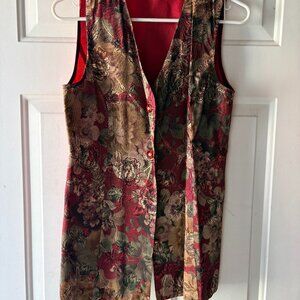 Vintage Tower Hill Tapestry Vest – Longline Jacquard, Red Lining, Floral Buttons